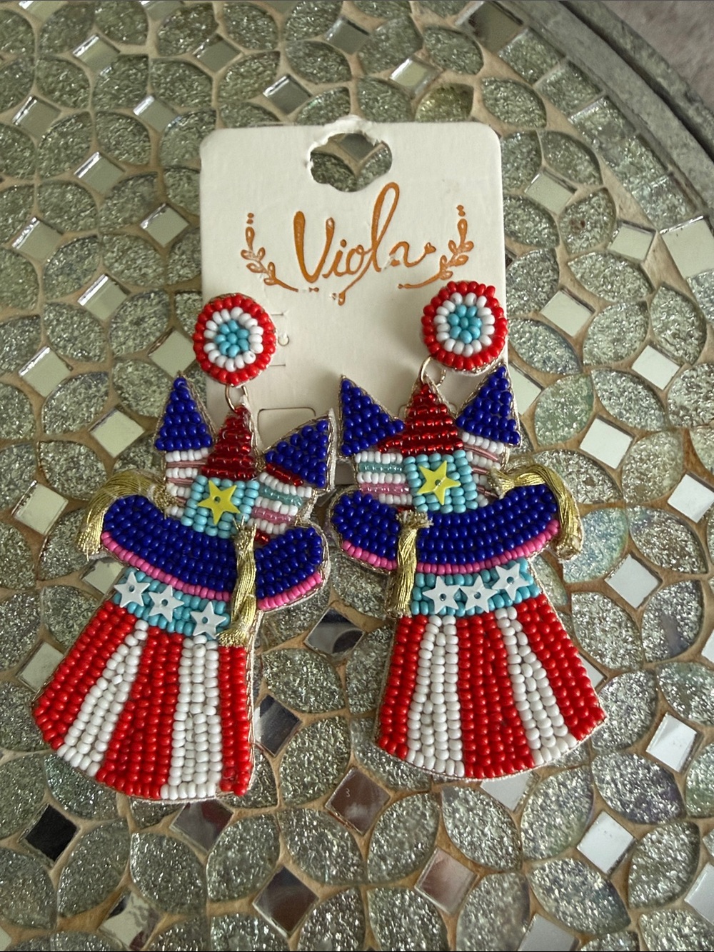 Viola Beaded Patriotic Witch Earrings - Red, White & Blue NWT